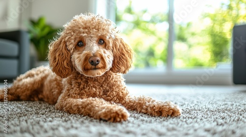 Adorable Poodle Lying Comfortably on Bright Carpet at Home