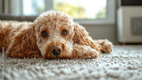 Standard Poodle Comfortably Sprawled on Carpet in Bright Room