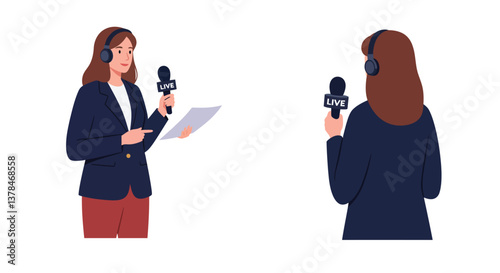 Female reporter holding microphone in two angles with flat minimal vector art