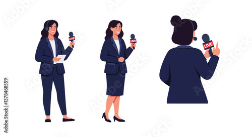 Professional female reporter holding microphone in flat style vector art