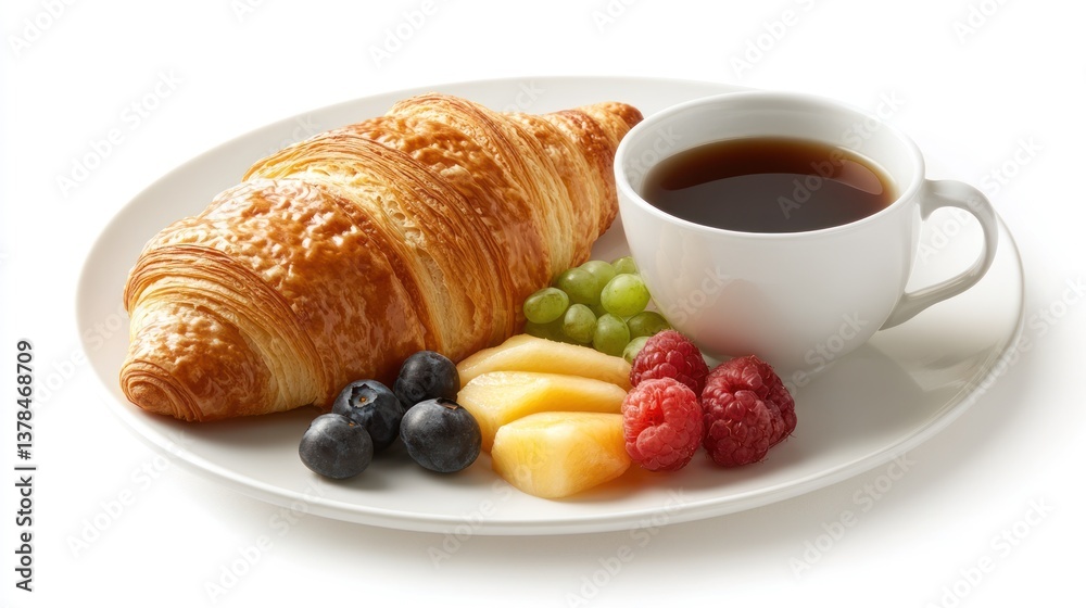 A beautifully plated breakfast with coffee and various fresh fruits A beautifully plated breakfast with coffee and various fresh fruits
