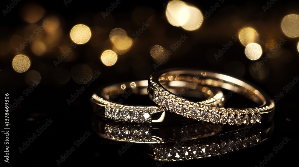 A pair of hoop earrings adorned with tiny diamonds, glowing elegantly against dark A pair of hoop earrings adorned with tiny diamonds, glowing elegantly against dark