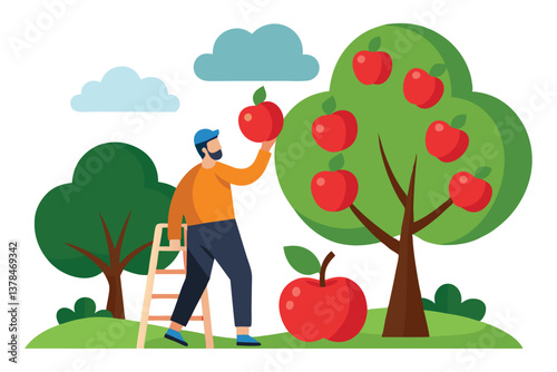 Flat Man Picking Apples on Ladder in Orchard with Blue Clouds Above
