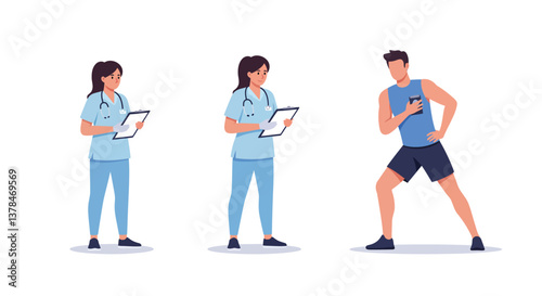 Health professional assessing fitness progress in flat vector illustration