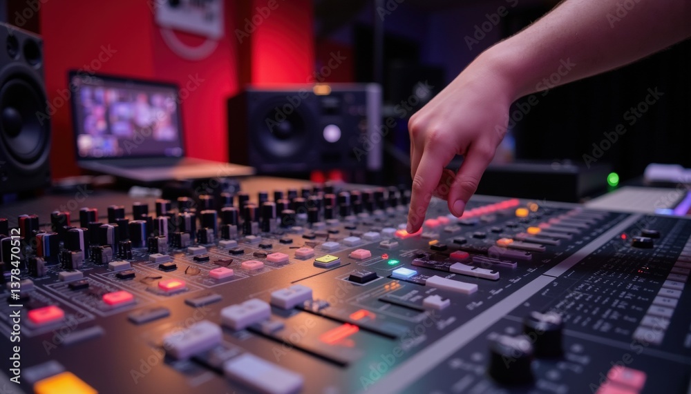 Modern Audio Mixing Console with Bright Controls and Laptop in Background Modern Audio Mixing Console with Bright Controls and Laptop in Background