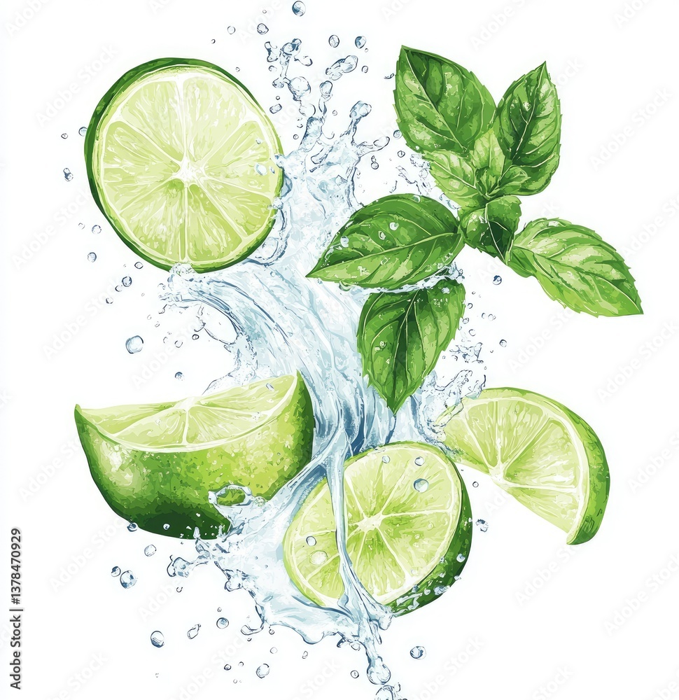 Fresh lime slices and mint leaves in water splash. Vibrant citrus fruit and herbs, perfect for summer drinks Fresh lime slices and mint leaves in water splash. Vibrant citrus fruit and herbs, perfect for summer drinks