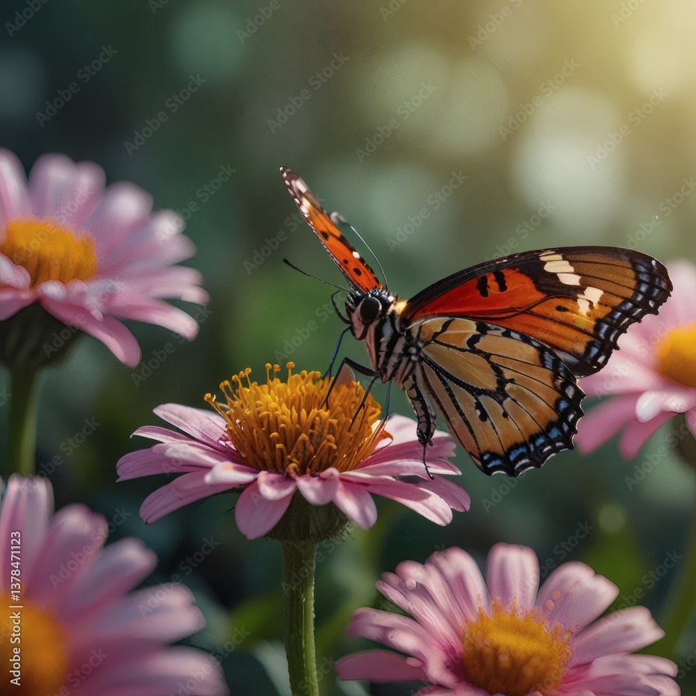 Fototapeta premium A butterfly perched on a flower, delicate and colorful.