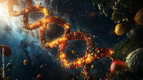 A vibrant depiction of a DNA strand intertwined with fruits and vegetables, set against a cosmic backdrop, symbolizing the connection between nature and science.