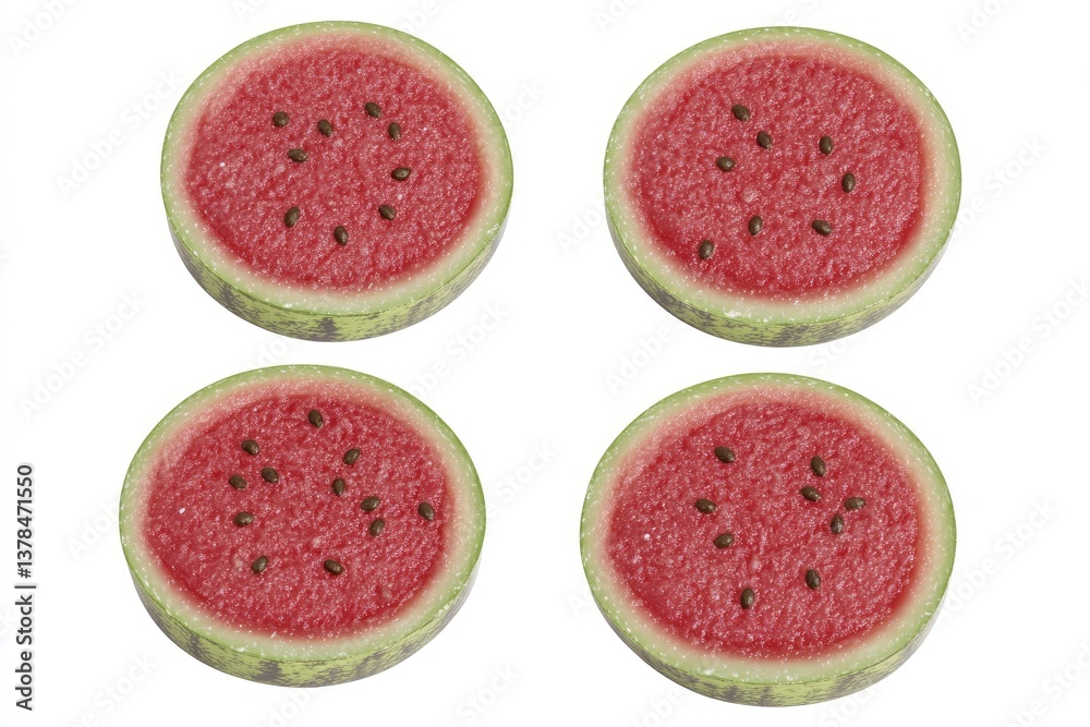 Four circular watermelon slices. Small, dark seeds are visible Four circular watermelon slices. Small, dark seeds are visible