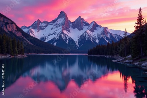 Vibrant pink sunset hues paint Tahoe's peaks, reflecting in serene waters , California, lake