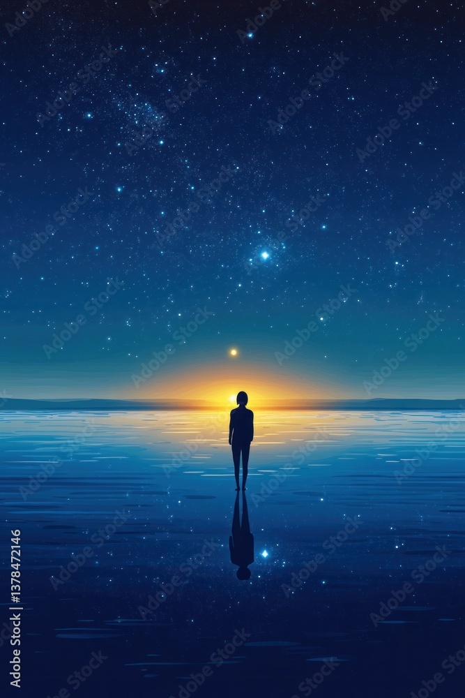 Fototapeta premium A lone figure stands under a starry sky before a bright horizon