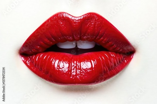 Bold crimson lipstick smear, stark white canvas, crimson, bright