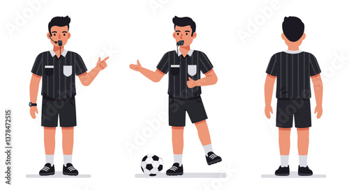 Referee character in flat design showcasing three different poses and interactions vector illustration