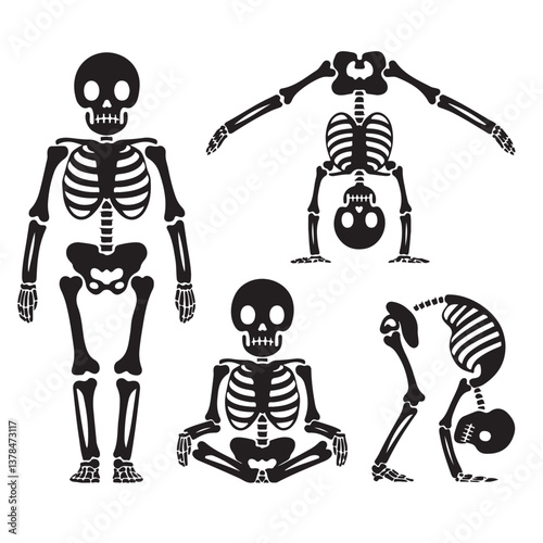 set of black vector various Halloween skeleton silhouette, dancing with different positions, standing silhouettes