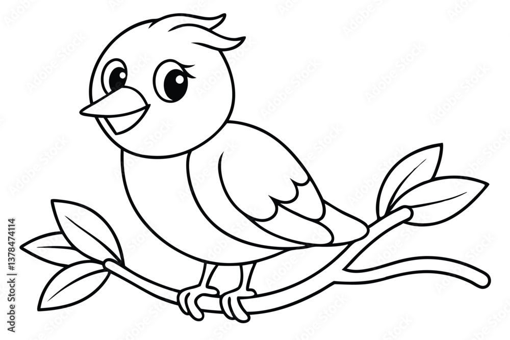 Fototapeta premium Outlined Cute Cartoon Bird Perched on Branch with Leaves on Transparent Background