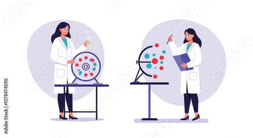 Scientist working with molecular model changing to data analysis in flat vector illustration