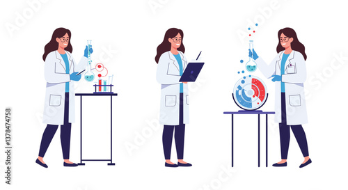 Scientist conducting experiments with lab equipment in minimal vector art illustration