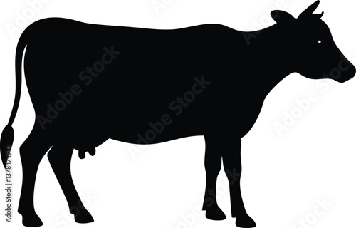 Standing Cow Silhouette with Horns and Udder on Transparent Background