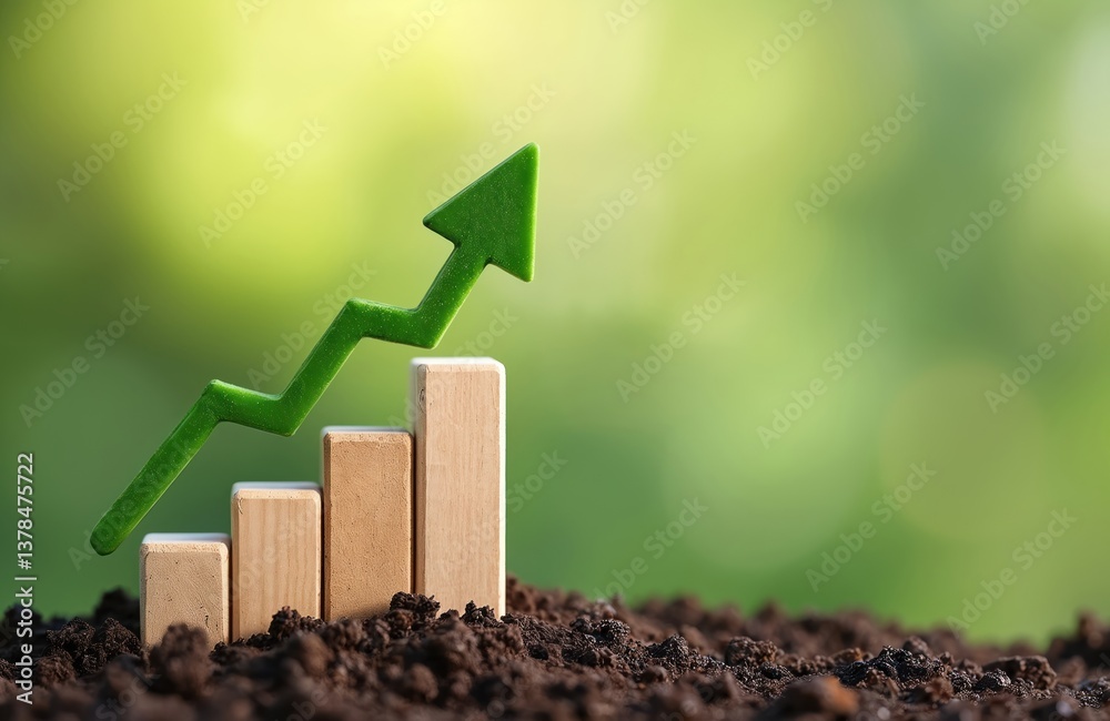 Green upward arrow graph wooden blocks placed in soil with blurred green background. Concept of sales growth financial profit marketing investment. Symbol of profit, success, economic growth,