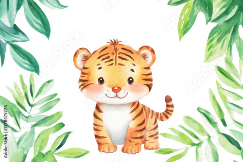 Cute tiger cub surrounded by green leaves in a playful jungle setting for children's art