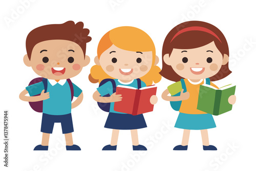 Smiling Kids with Backpacks and Books Cartoon on Transparent Background