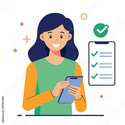 Smiling Woman Holding Tablet with Checklist on White Background