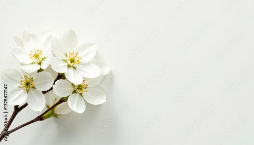 Fototapeta premium Delicate white blossoms against pure white backdrop, clean, bloom, nature