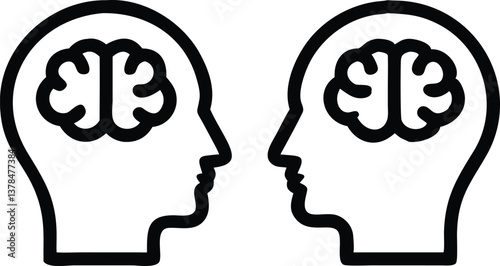 Two Human Heads with Brains Facing Each Other, Conceptual Art on White Background