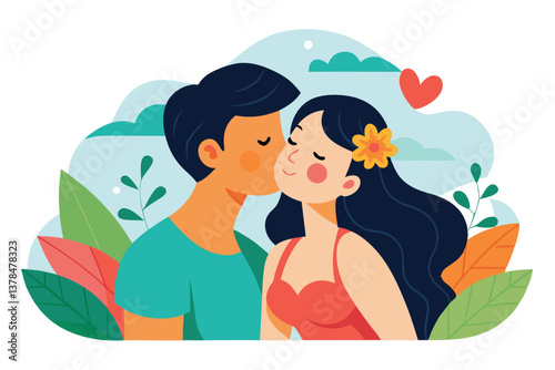 Affectionate Couple Kiss, Woman with Flower, Colorful Flat Leaves, White Background