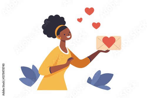 African Woman with Heart Envelope and Hearts on White Background Flat Art