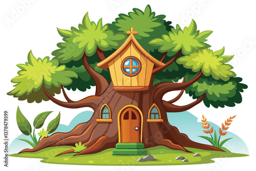Whimsical Cartoon Treehouse with Big Tree, Windows, Door on Transparent Background