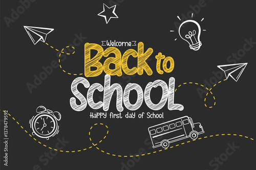 Back to School Text Typography with Paper Airplane and School Bus. Back to school greeting design blackboard banner. First day at school banner design template