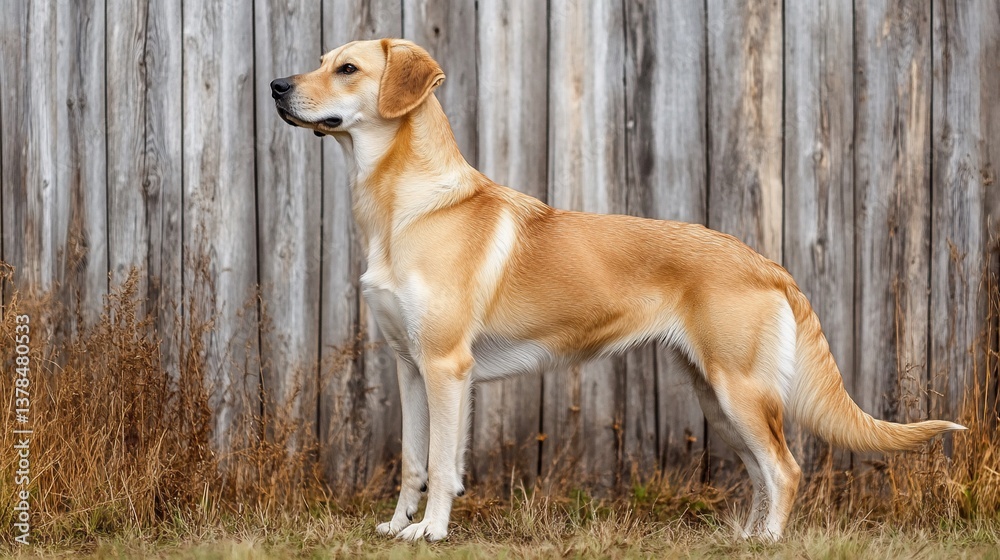 Golden dog standing alert, profile view Golden dog standing alert, profile view
