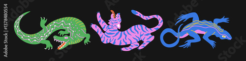 Quirky tiger, crocodile and komodo in groovy colorful style. Tropical hand drawn summer animals. Funky illustration for poster, card, tshirt print. .