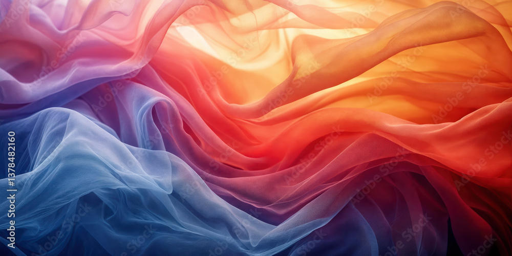 Fototapeta premium Colorful chiffon fabric flowing creating abstract background with copy space