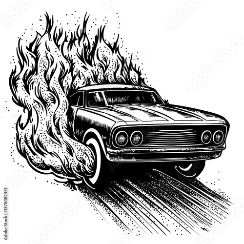 Car on fire driving in flames on the road, black and white engraving vintage illustration