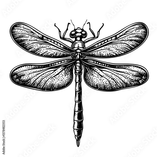 Dragonfly or damselfy fly insect, black and white engraving vintage illustration