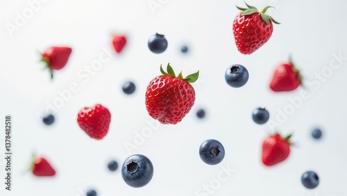 Strawberries and Blueberries Floating Mid-Air