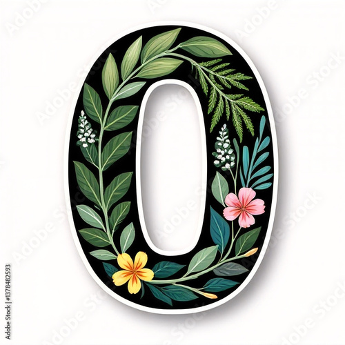 Floral number zero sticker white background