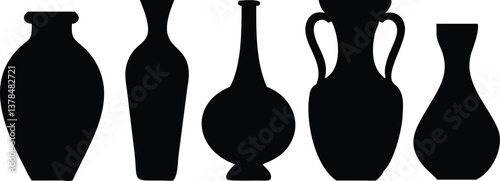 Black Silhouettes of Diverse Vases Row On White Transparent Background Design