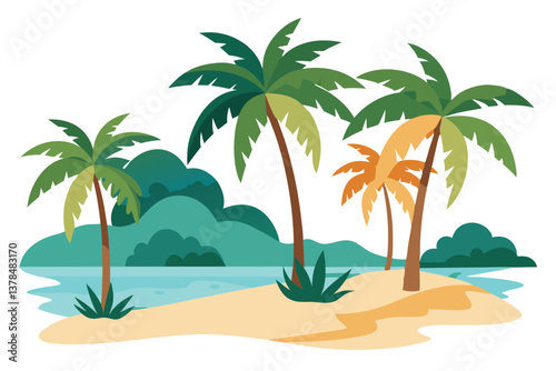 Cartoon Palm Trees on Sandy Beach with Turquoise Water and Transparent Background
