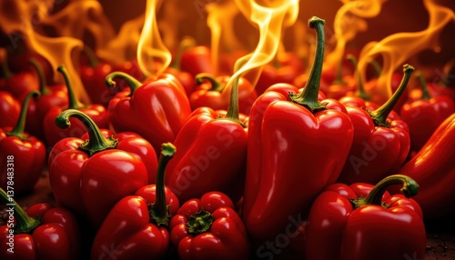 Vibrant Red Peppers with Flames Creating Fiery Culinary Atmosphere