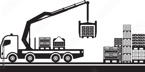 Truck mounted crane loading construction materials – vector illustration