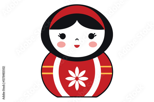 Cartoon Red Matryoshka Doll with Flower, Kawaii Style, Folk Art on White