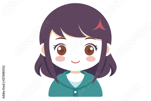 Cartoon Portrait of a Smiling Girl with Brown Eyes on Transparent Background
