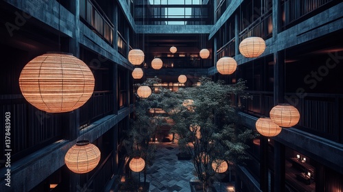Hotel atrium lanterns evening ambiance