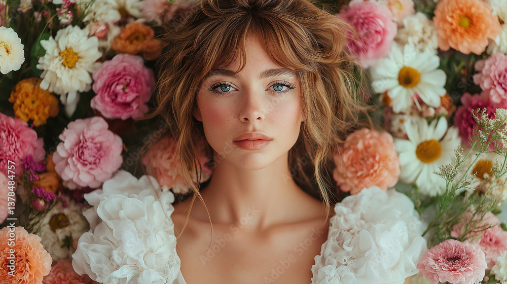 Naklejka premium AI generator image of womans head covered with roses flowers,beautiful model wearing pink floral dress made of real flowers, her whole body is covered with delicate peonies and roses flower background