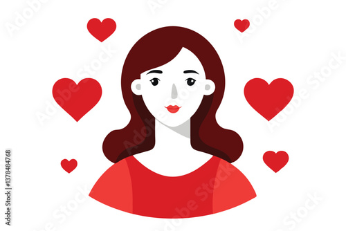 Cartoon Woman with Red Hearts and Wavy Brown Hair on White Background