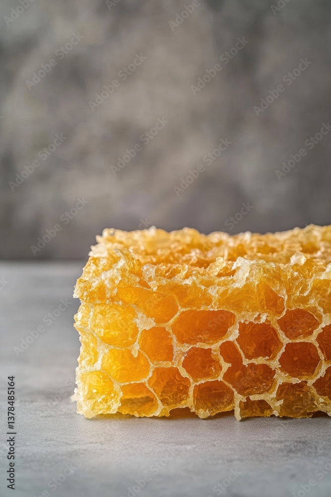Honeycomb close-up. A piece of natural honeycomb, filled with golden honey, sits on a light gray surface. The intricate hexagonal structure is clearly visible Honeycomb close-up. A piece of natural honeycomb, filled with golden honey, sits on a light gray surface. The intricate hexagonal structure is clearly visible