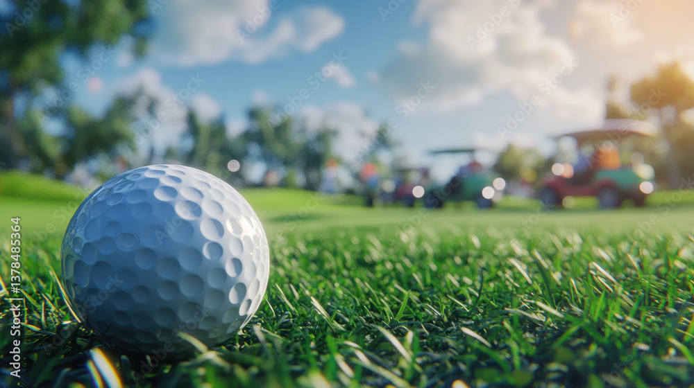 Obraz premium A golf ball is on the grass in front of a green golf course